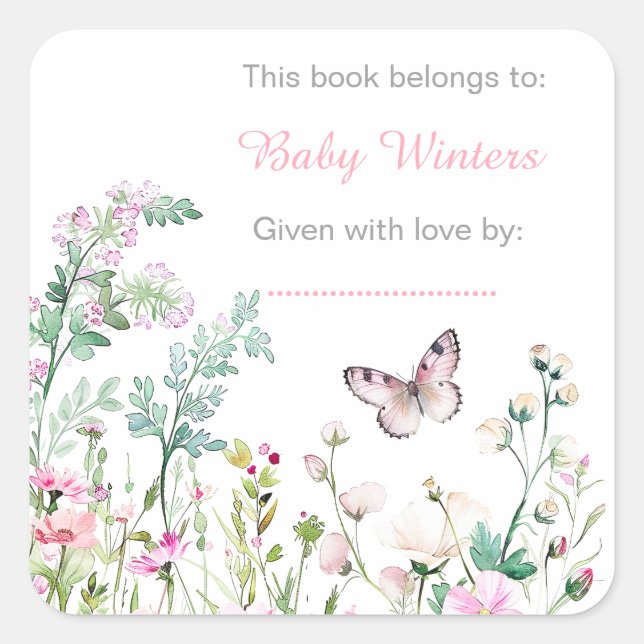 Spring Green Butterfly Floral Baby Shower Square Sticker (Front)