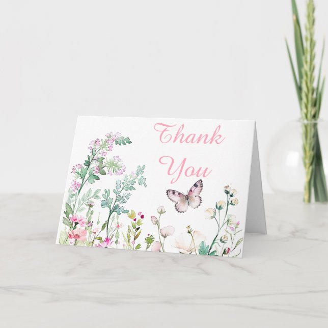 Spring Green Butterfly Floral Baby Shower Thank You Card (Front)