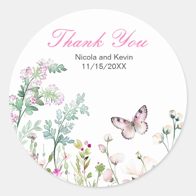 Spring Green Butterfly Floral Wedding Classic Round Sticker (Front)