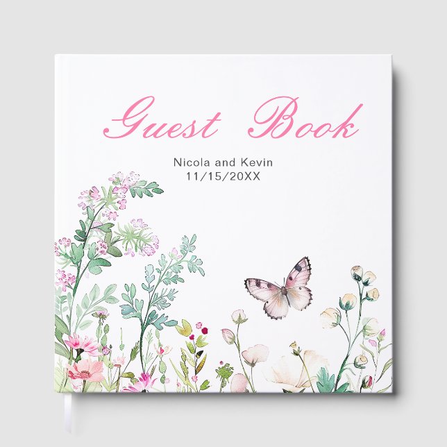 Spring Green Butterfly Floral Wedding Guest Book (Front)