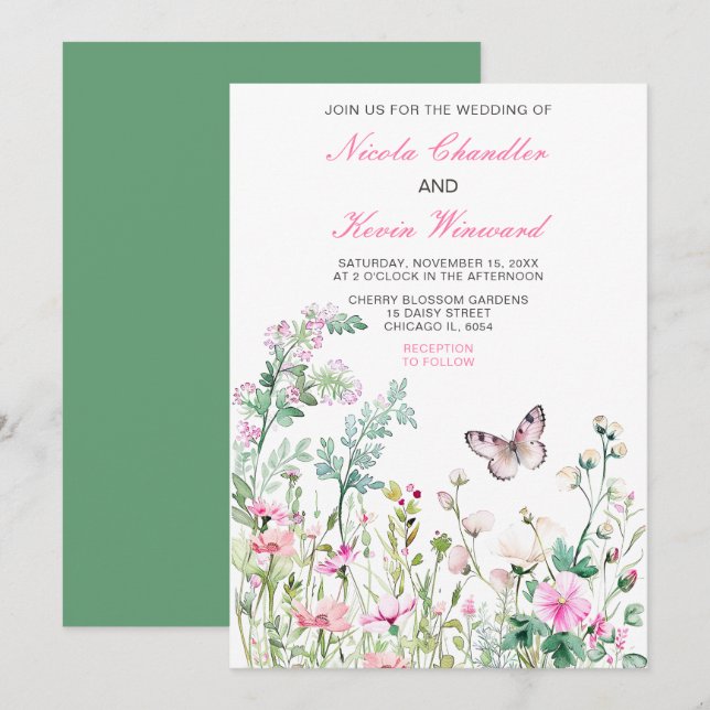 Spring Green Butterfly Floral Wedding Invitation (Front/Back)