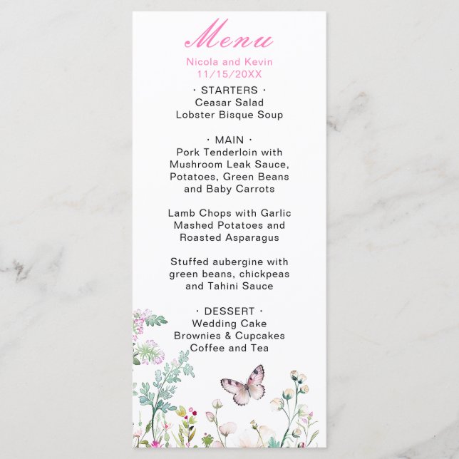 Spring Green Butterfly Floral Wedding Menu (Front)