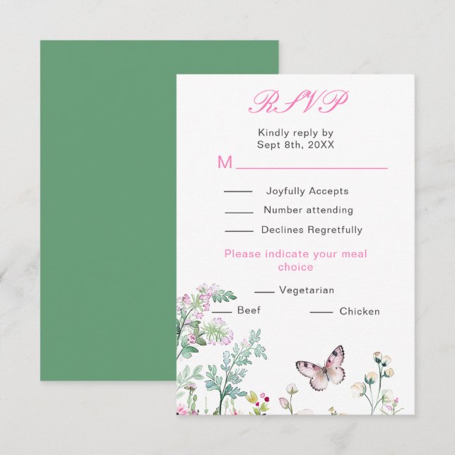 Spring Green Butterfly Floral Wedding RSVP Card (Front/Back)