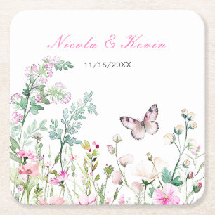 Spring Green Butterfly Floral Wedding Square Paper Coaster