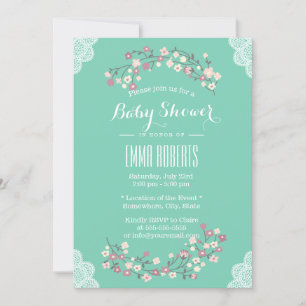 Spring Green Floral & Lace Baby Shower Invitations
