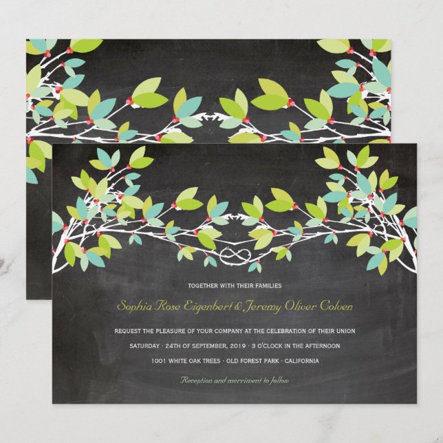 Spring Green Knotted Love Tree Chalkboard Wedding Invitation (Front/Back)