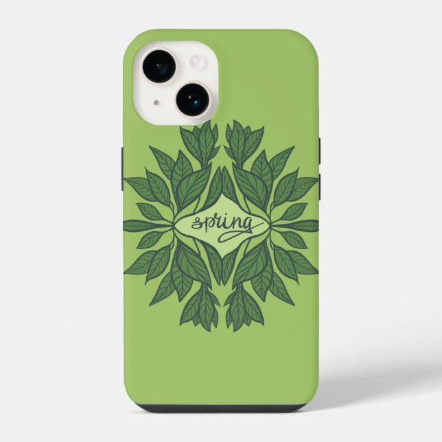 Spring Green Leaves Aesthetic Typography iPhone Case (Back)