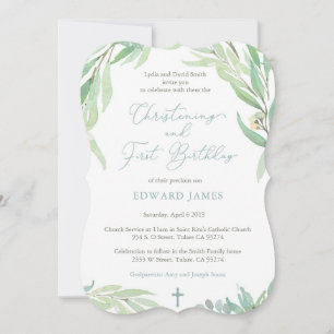 Spring Green Leaves Boy Christening First Birthday Invitation