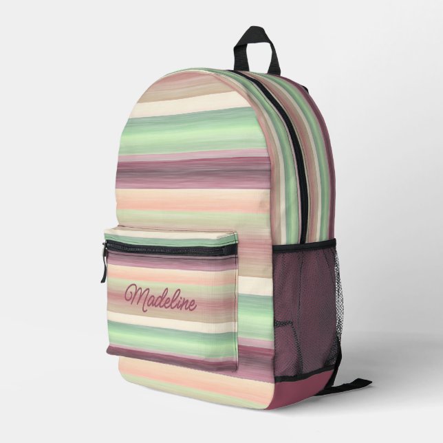 Spring Green Mauve Taupe Peach Pink Art Stripes Printed Backpack (Back Corner Right)