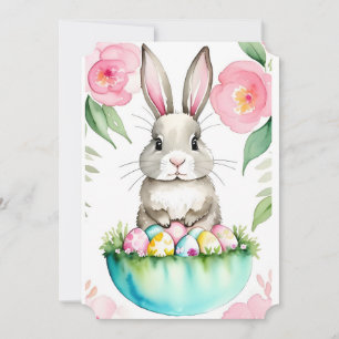 Spring green Pink Flowers Bunny Easter Spring Egg Invitation