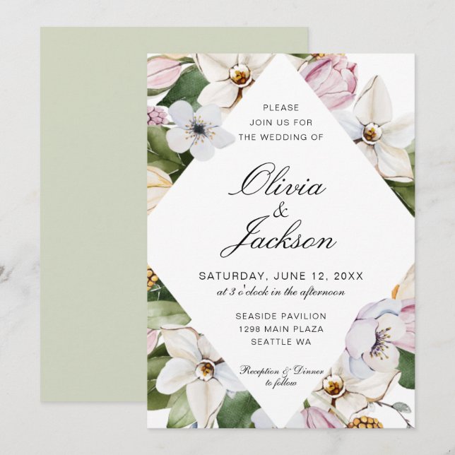 Spring Green | Pink Tulip Daffodil Floral Wedding Invitation (Front/Back)