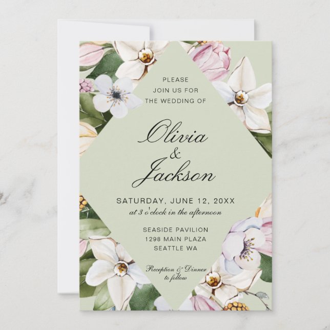 Spring Green | Pink Tulip Daffodil Floral Wedding Invitation (Front)