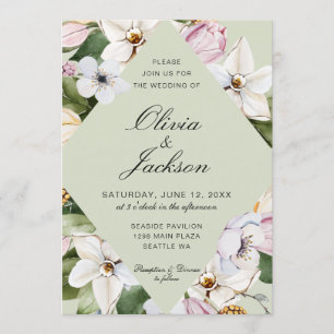 Spring Green   Pink Tulip Daffodil Floral Wedding Invitation