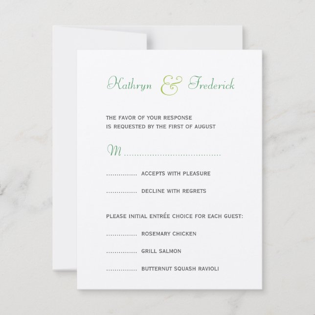 Spring green RSVP formal wedding response card (Front)