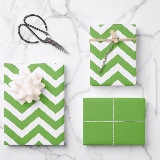 Spring Green & White Chevron Wedding Birthday Wrapping Paper Sheet (Front)