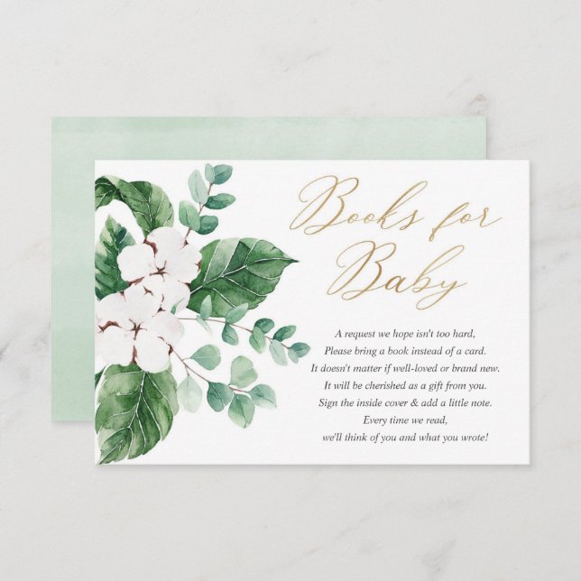 Spring greenery gold white floral books for baby enclosure card (Front/Back)