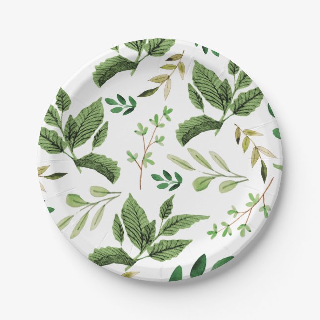 Spring Greenery Paper Plates with Watercolor Leave (Front)
