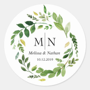 Spring Greenery Wreath Wedding Monogram Sticker