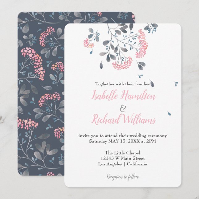 Spring grey pink flowers watercolor wedding invitation (Front/Back)