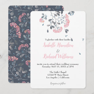 Spring grey pink flowers watercolor wedding invitation