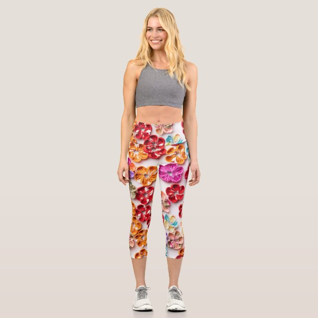 Spring Handmade sewn fabric Flowers Multicolor  Capri Leggings (Front)