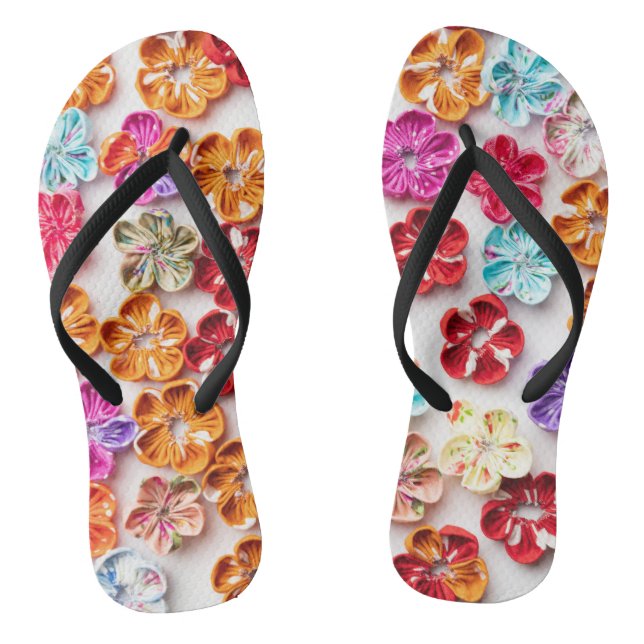Spring Handmade sewn fabric Flowers Multicolor  Flip Flops (Footbed)