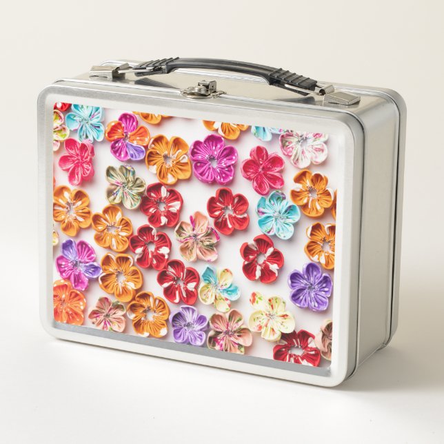Spring Handmade sewn fabric Flowers Multicolor  Metal Lunch Box (Front)