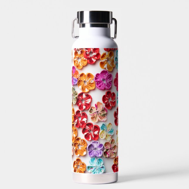 Spring Handmade sewn fabric Flowers Multicolor  Water Bottle (Front)