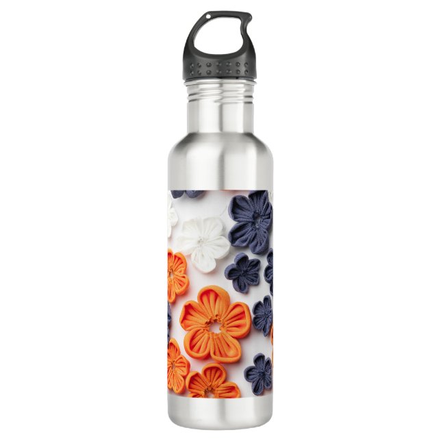 Spring handmade sewn fabric flowers orange blue  710 ml water bottle (Front)