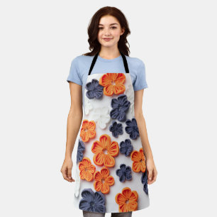 Spring handmade sewn fabric flowers orange blue  apron