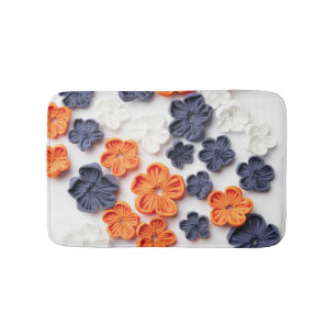Spring handmade sewn fabric flowers orange blue bath mat
