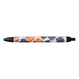 Spring handmade sewn fabric flowers orange blue  black ink pen