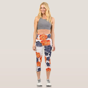 Spring handmade sewn fabric flowers orange blue  capri leggings