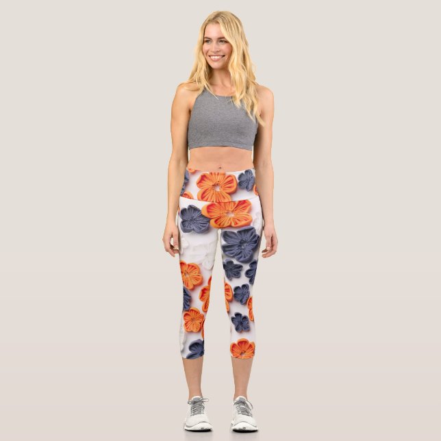 Spring handmade sewn fabric flowers orange blue  capri leggings (Front)