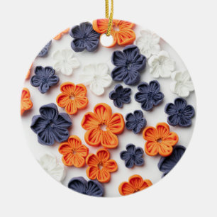 Spring handmade sewn fabric flowers orange blue ceramic tree decoration