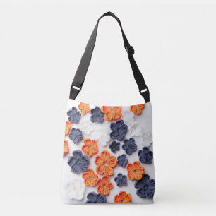 Spring handmade sewn fabric flowers orange blue  crossbody bag
