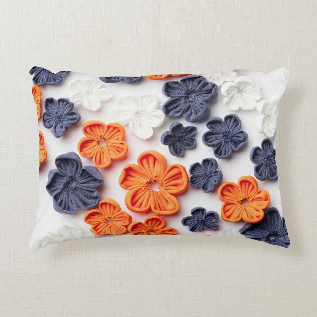 Spring handmade sewn fabric flowers orange blue  decorative cushion (Front)