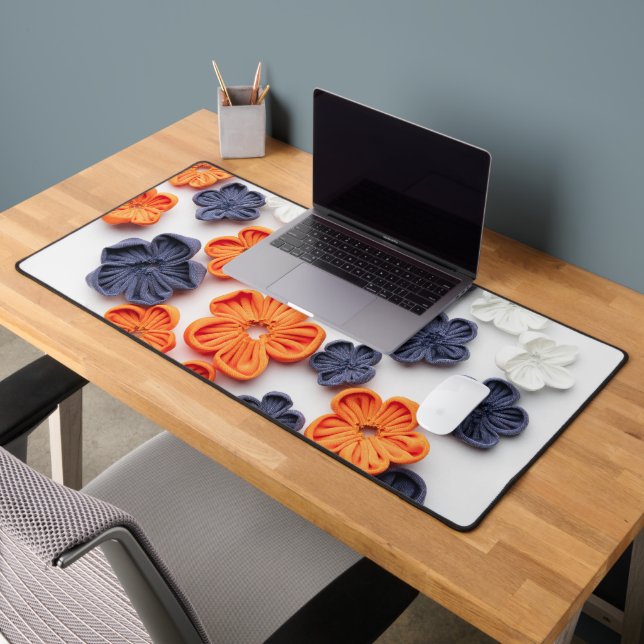 Spring handmade sewn fabric flowers orange blue  desk mat (Office 2)