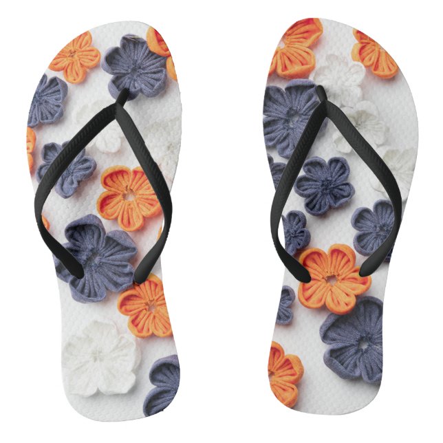 Spring handmade sewn fabric flowers orange blue  flip flops (Footbed)