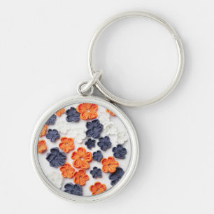 Spring handmade sewn fabric flowers orange blue  key ring