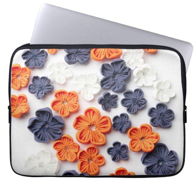 Spring handmade sewn fabric flowers orange blue  laptop sleeve (Front)