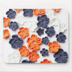 Spring handmade sewn fabric flowers orange blue mouse mat