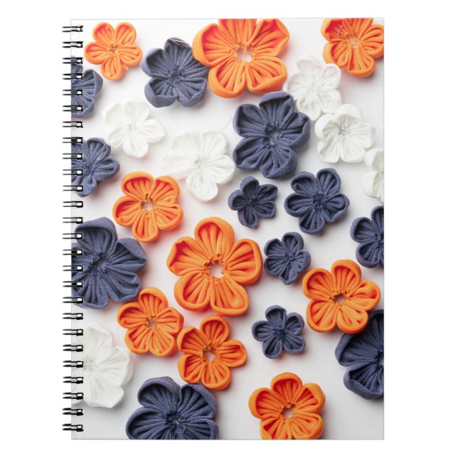 Spring handmade sewn fabric flowers orange blue  notebook (Front)