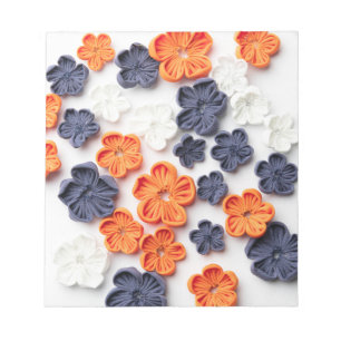 Spring handmade sewn fabric flowers orange blue notepad