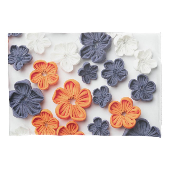 Spring handmade sewn fabric flowers orange blue  pillowcase (Front)