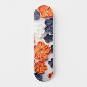 Spring handmade sewn fabric flowers orange blue  skateboard