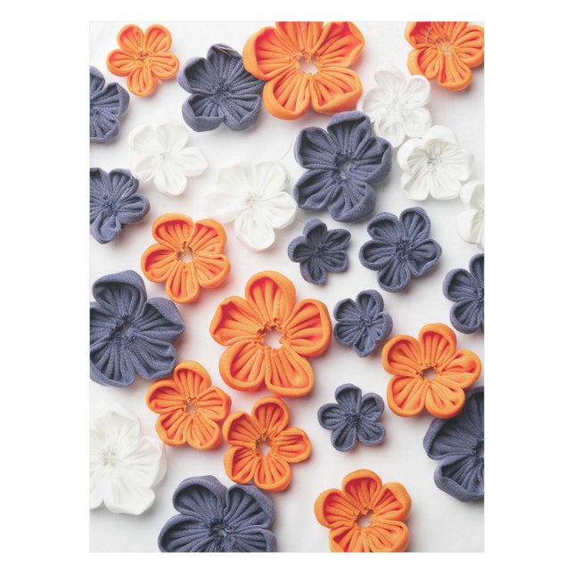 Spring handmade sewn fabric flowers orange blue  tablecloth (Front)