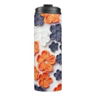 Spring handmade sewn fabric flowers orange blue  thermal tumbler