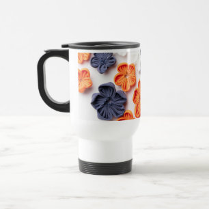 Spring handmade sewn fabric flowers orange blue travel mug