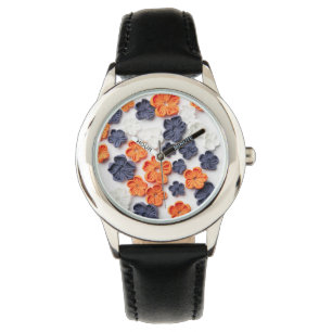 Spring handmade sewn fabric flowers orange blue watch